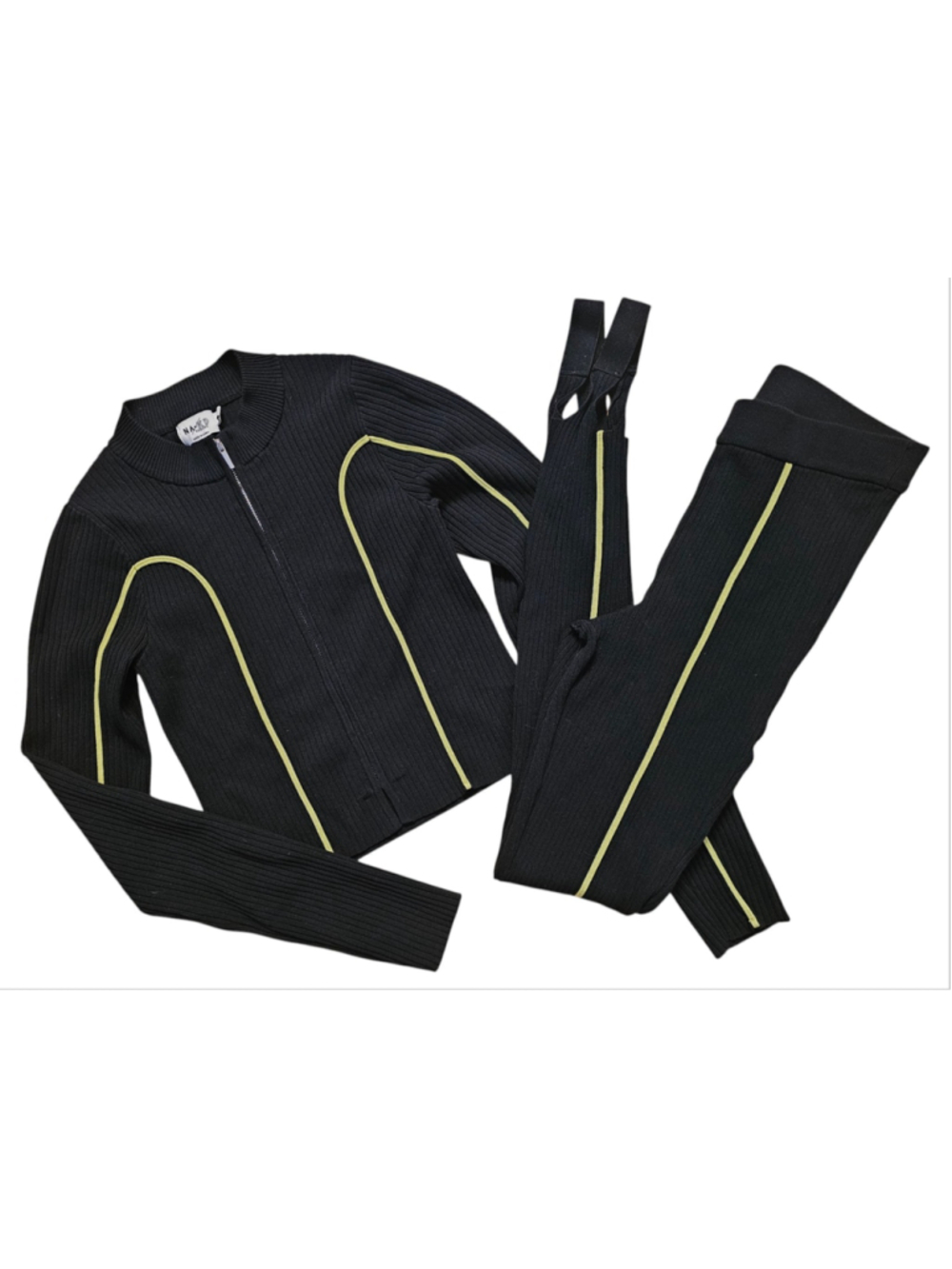 NA-KD Zip Up Sweater Jacket and Leggings Stirrups Black & Yellow Ribbed S NWOT